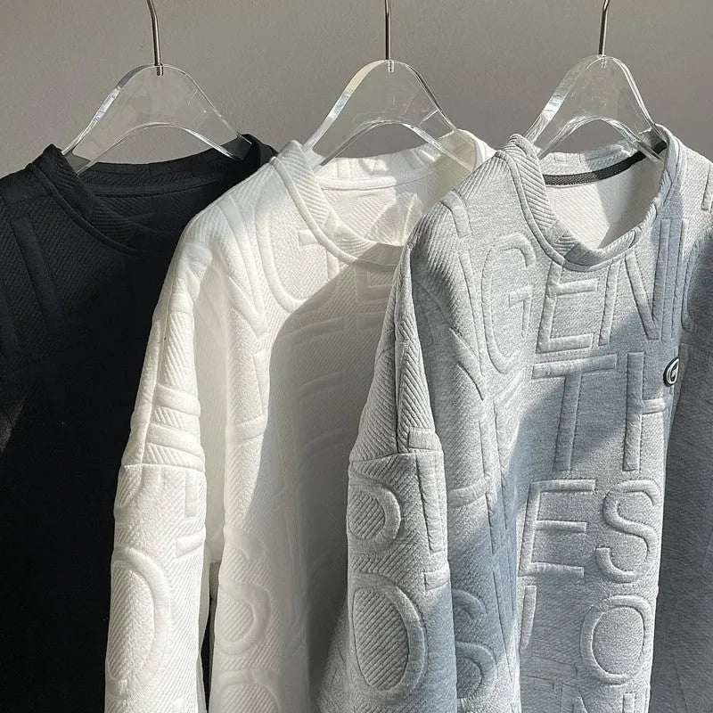 Men's grey t-shirt with three-dimensional raised letter pattern, short sleeves, loose retro fit
