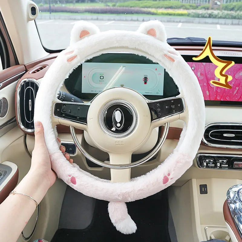 Plush winter steering wheel cover with rabbit fur embroidered cartoon designs in 38cm diameter