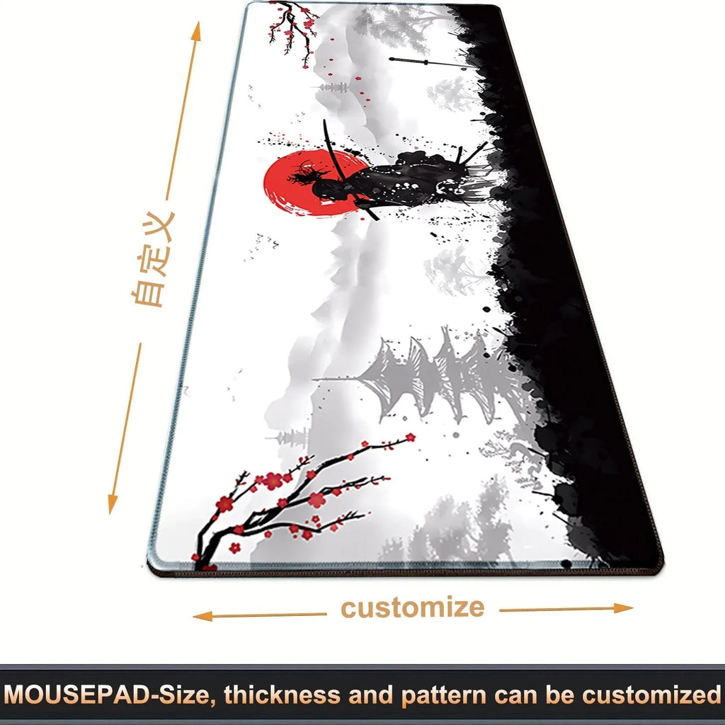 Japanese Samurai design cloth gaming mouse pad with non-slip base on a desk.