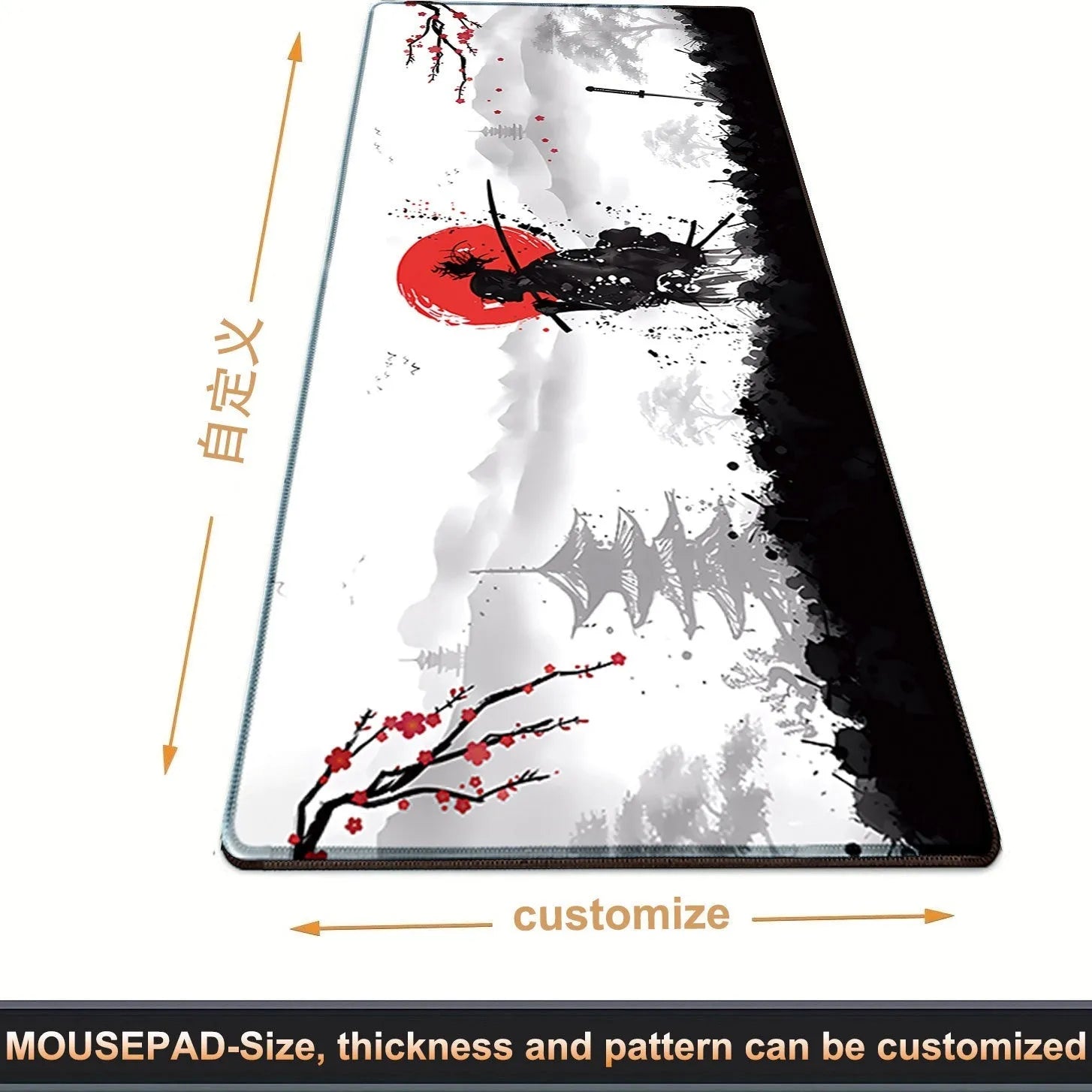 Japanese Samurai design cloth gaming mouse pad with non-slip base on a desk.