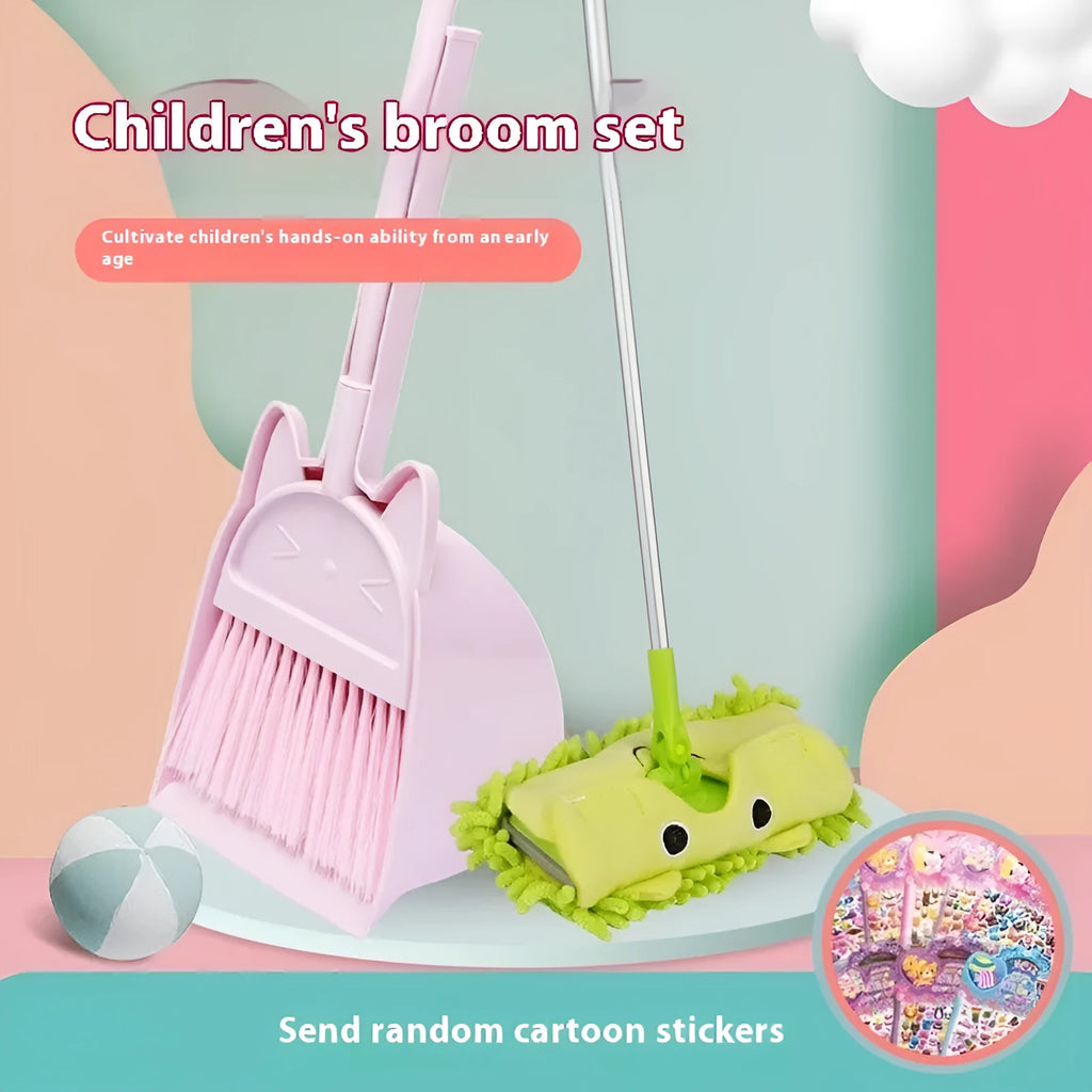 Broom and dustpan cleaning set with rotating brush holder in purple, green, or beige
