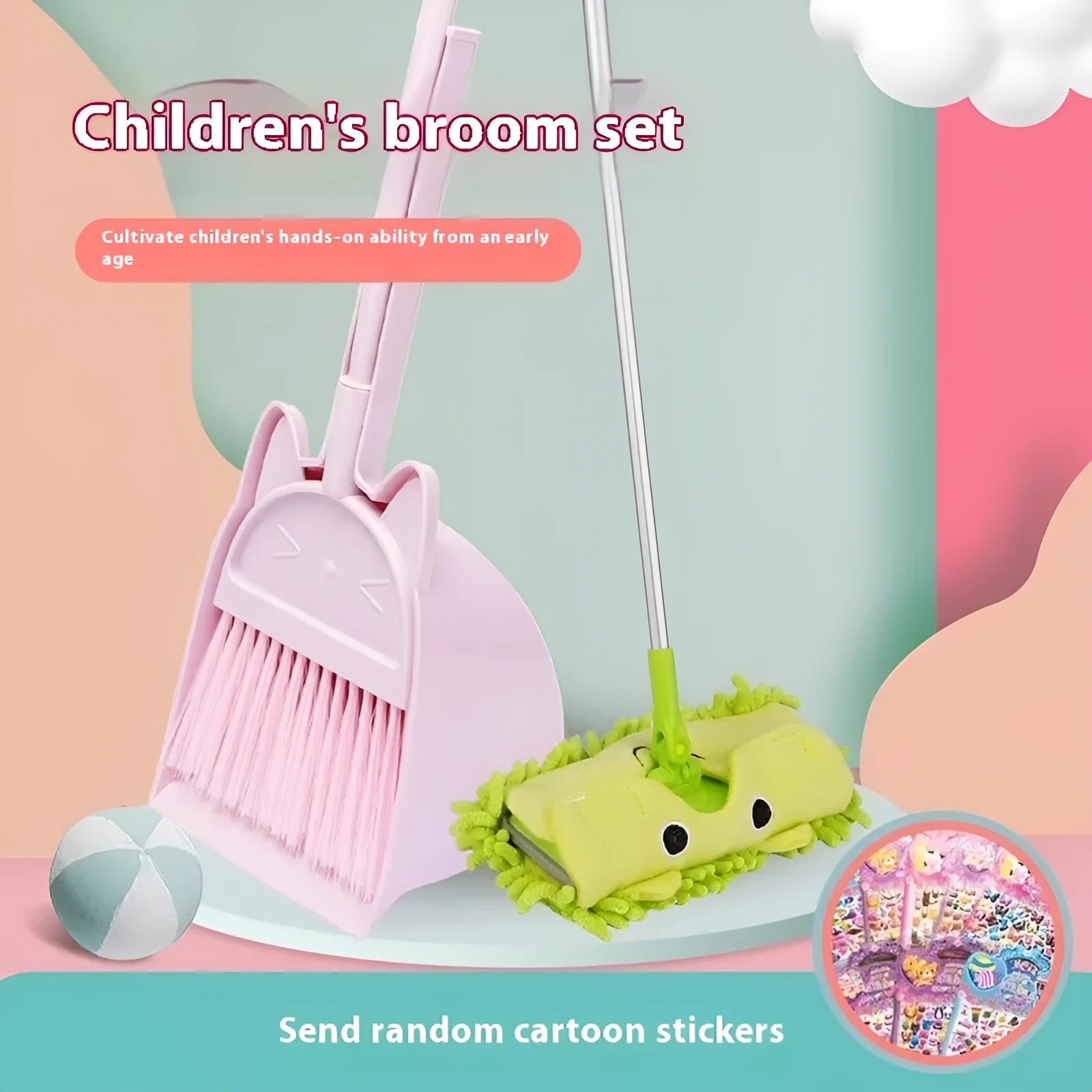 Broom and dustpan cleaning set with rotating brush holder in purple, green, or beige