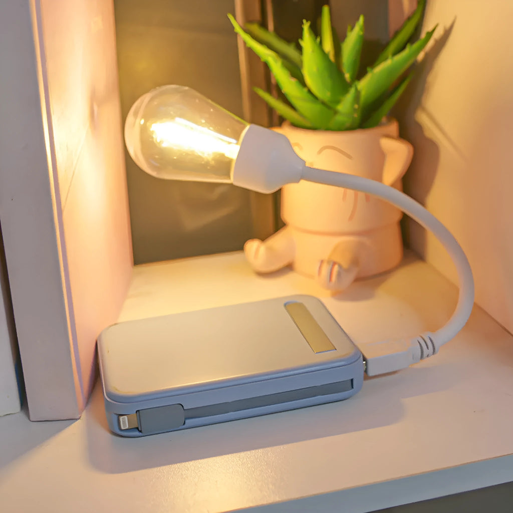 USB rechargeable folding night light with tungsten S14 bulb showing warm white illumination