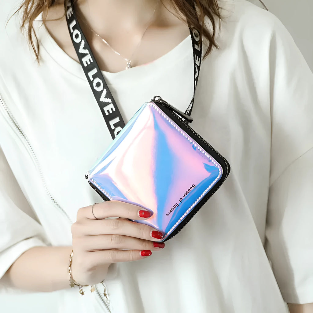 Short square folding wallet in glitter, blue, or green PU leather, showing 11cm size.