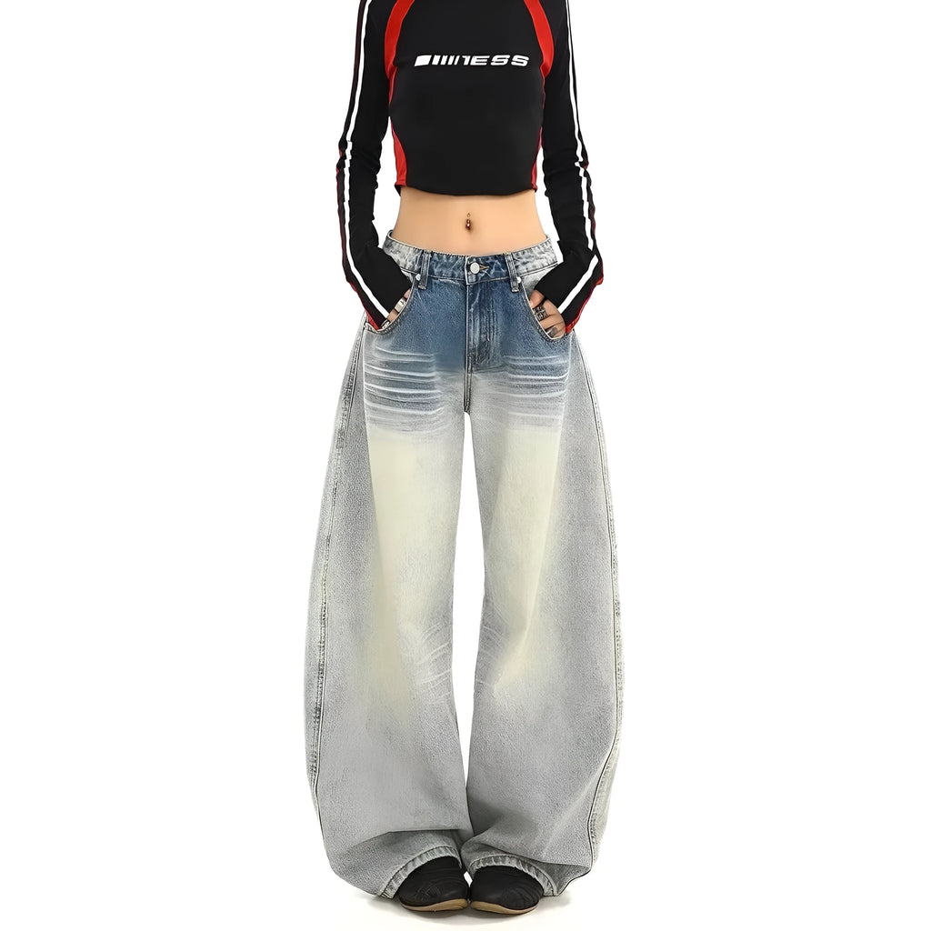Blue straight leg cotton pants with retro design and mid-rise waist on woman