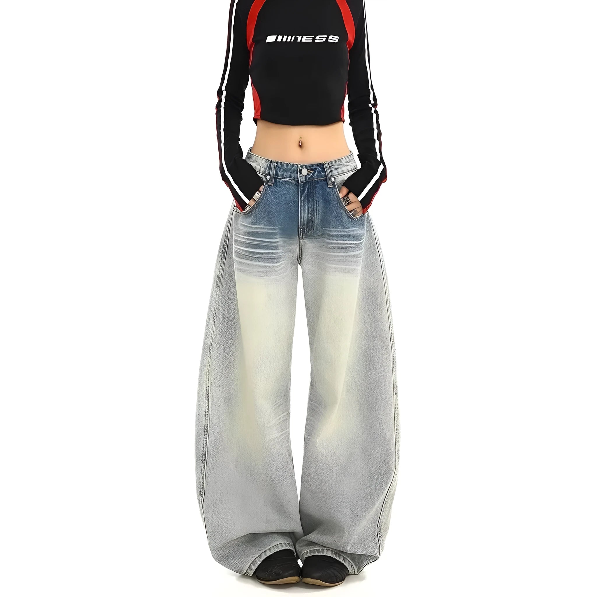 Blue straight leg cotton pants with retro design and mid-rise waist on woman