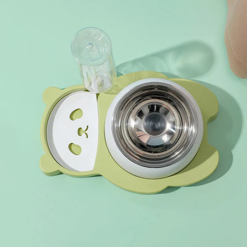Grey panda-shaped pet feeder with tilted stainless steel bowls and automatic water bottle
