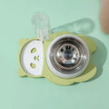 Grey panda-shaped pet feeder with tilted stainless steel bowls and automatic water bottle