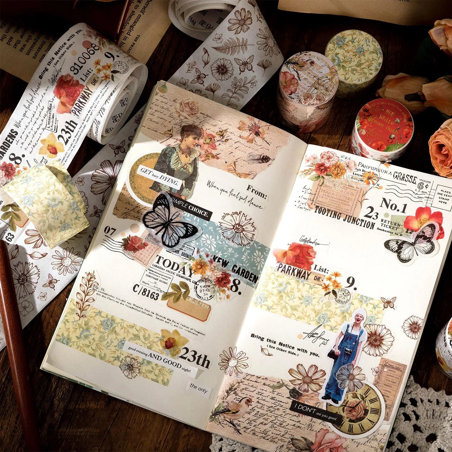 Roll of Japanese paper washi tape with vintage floral watercolour design showing width measurement
