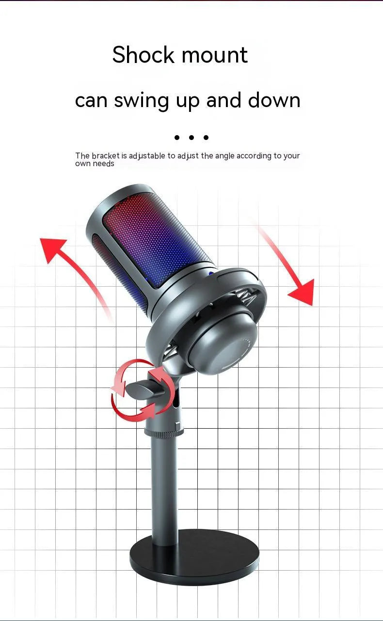 Condenser microphone with RGB lighting in black, white, or pink colours for computer recording and streaming