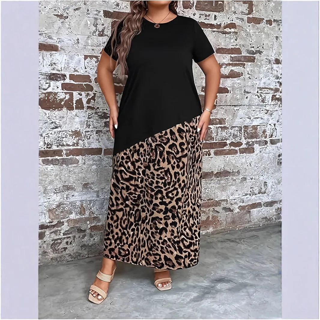 Black leopard print maxi dress for women, plus size 1XL to 5XL, short sleeves, loose fit