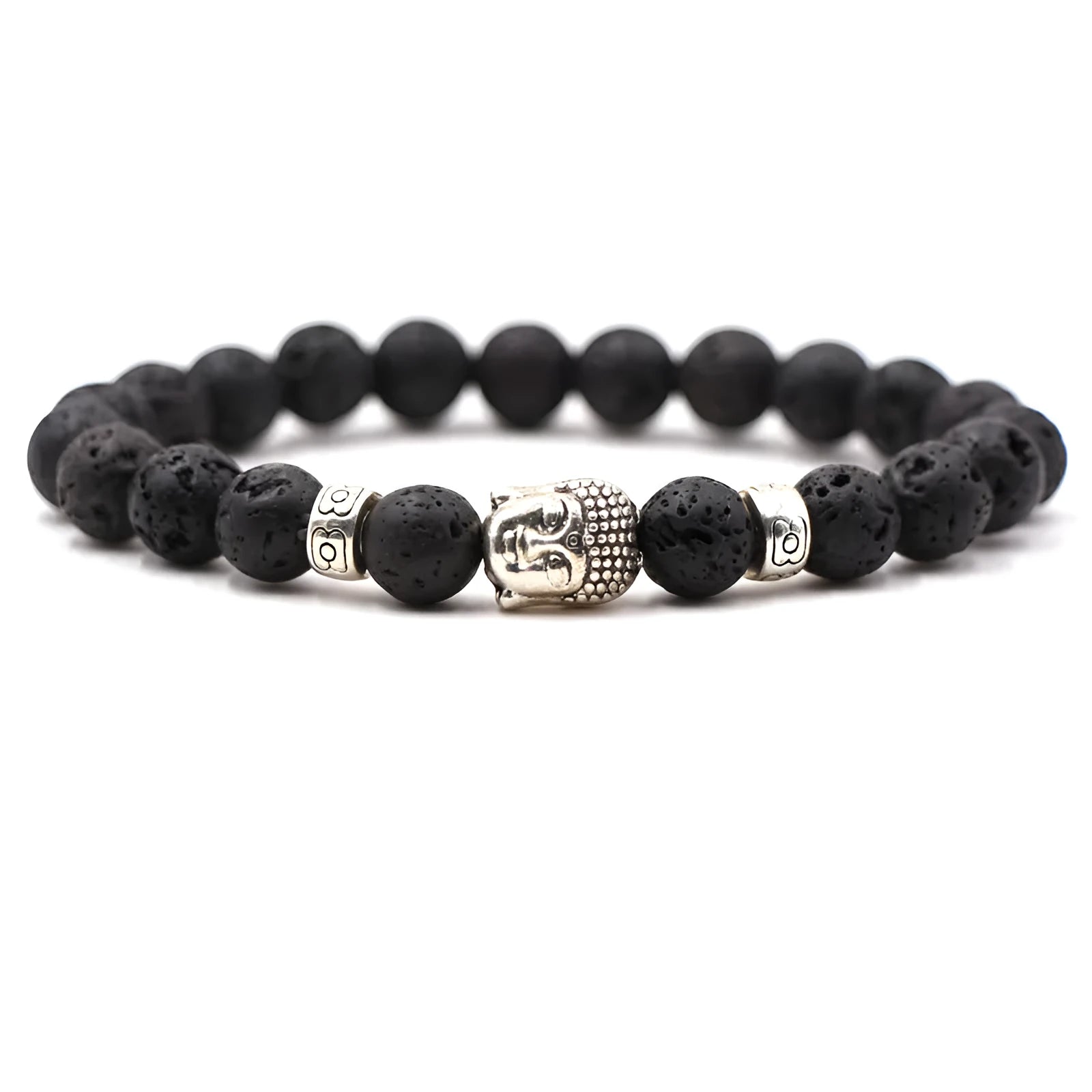 Natural stone stretch bracelet with tigereye, volcanic rock and turquoise beads on wrist