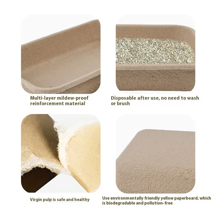 Brown disposable biodegradable cat litter box showing three size options with waterproof liner