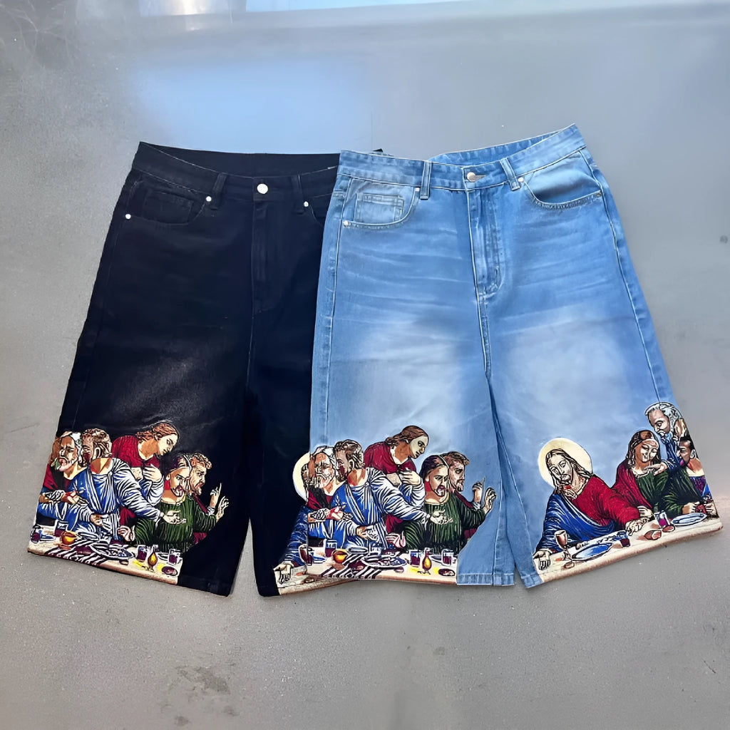Men's blue cotton cargo shorts with Jesus print on back pocket showing tapered fit