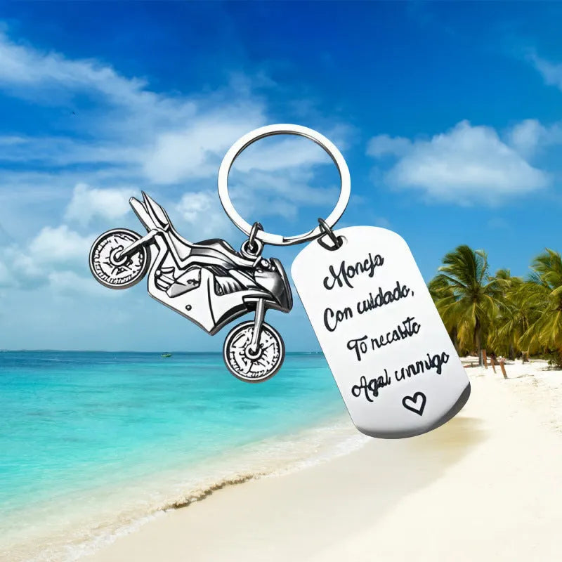 Stainless steel motorcycle keychain with metal construction and flannel storage bag