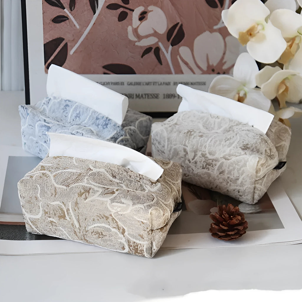 Chinese pastoral style fabric tissue box with rose pattern, 17x11x7cm dimensions in cotton material