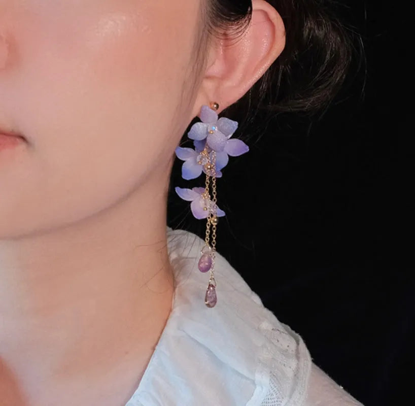 Handmade cold blue purple flower long tassel water drop earrings with gold-plated inlaid stone