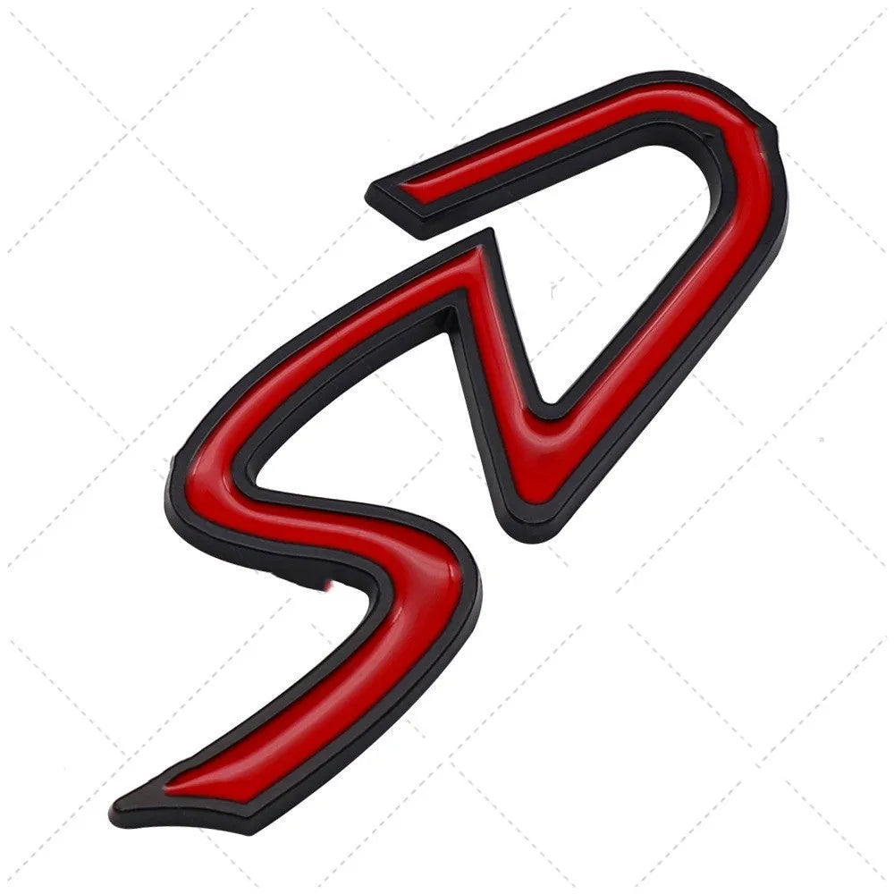 Metal car sticker badge showing SD and D design options in red and silver and red and black colours.