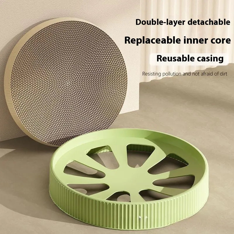 Round green and white cat scratching board with 55cm diameter and replaceable corrugated paper surface