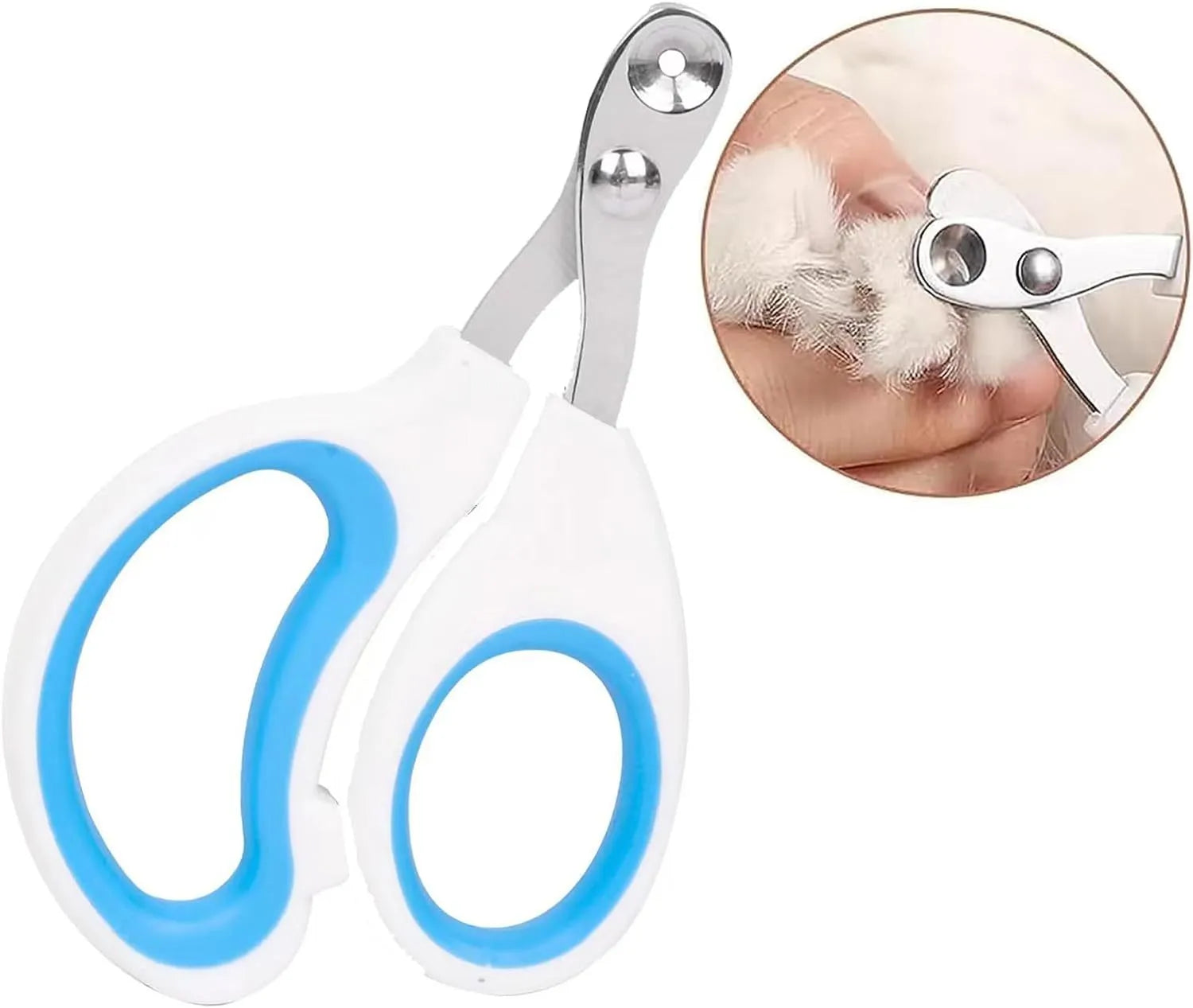 Blue pet nail clippers with circular cut hole and non-slip grip handles on a white background