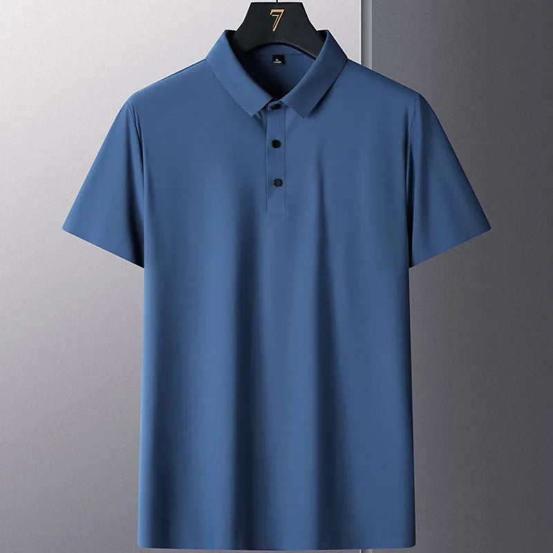 Men's solid colour non-ironing short sleeve shirt in a business casual style on a hanger.