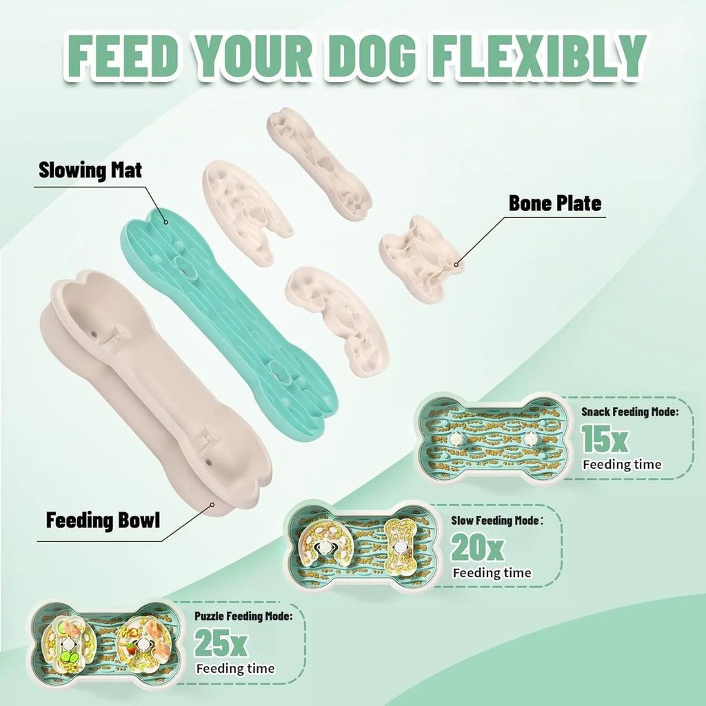 Large green slow feeder dog bowl with three separable puzzle trays for large breed dogs.