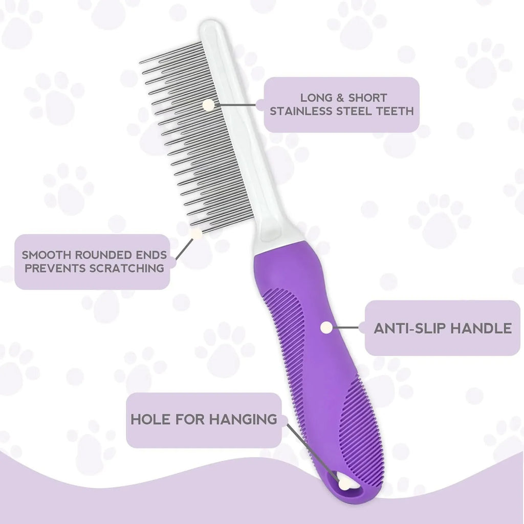 Purple pet grooming comb with stainless steel teeth for detangling dog and cat coats