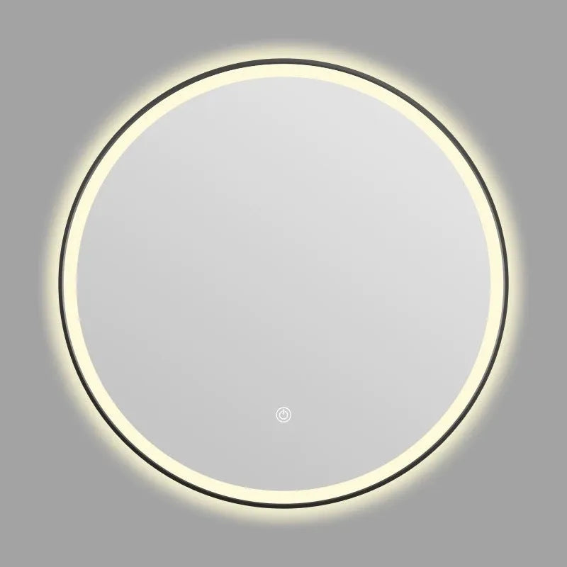 Square black frame LED bathroom makeup mirror mounted on wall with touch control for adjustable lighting