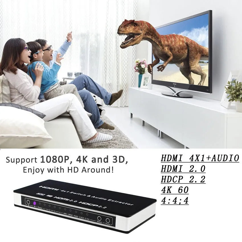 Black HDMI switch box with four input ports, one output port, remote control, and UK power adapter.
