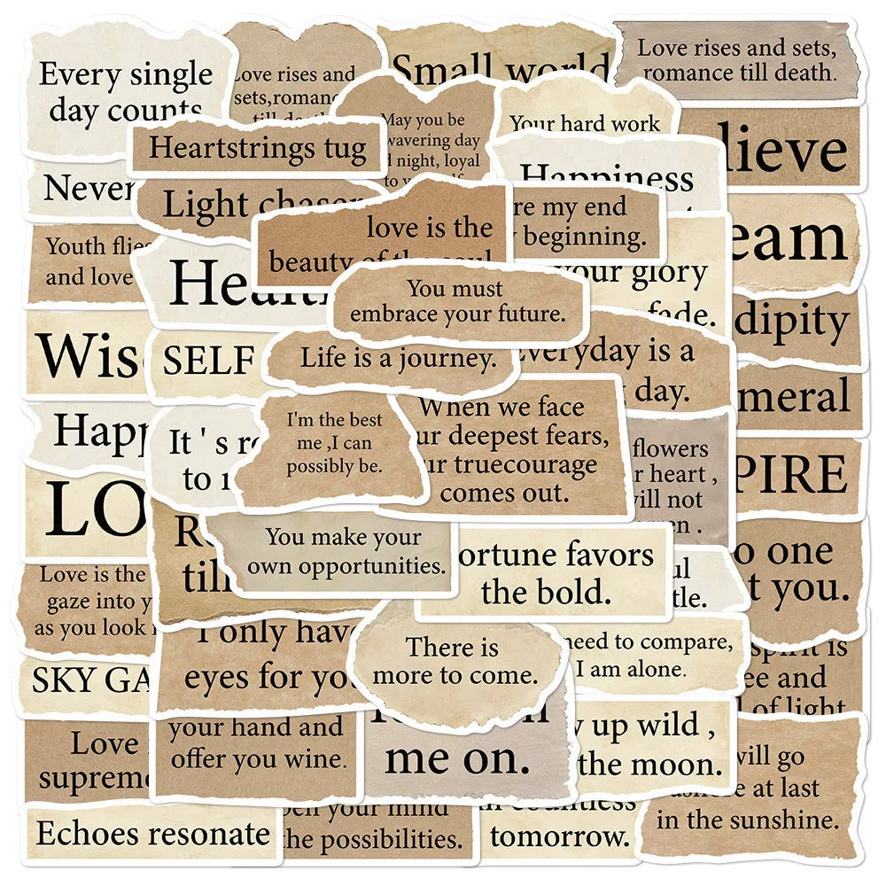Pack of 25 torn English design decorative PVC stickers on a white background.