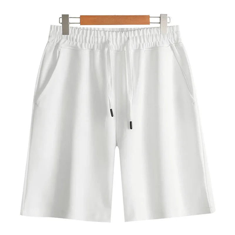 Cotton straight-leg summer shorts in light grey colour showing micro-elastic fabric texture
