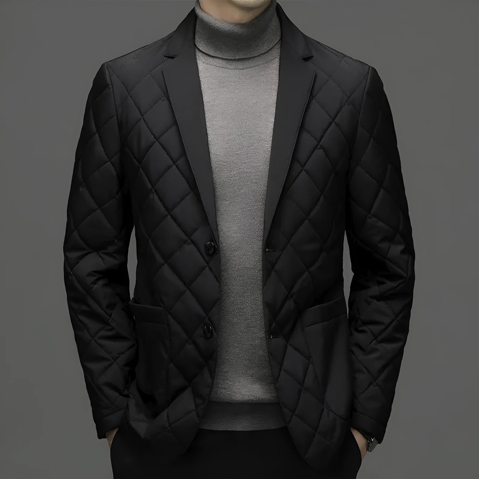 Man wearing a solid colour thickened lapel down jacket with side seam pockets.