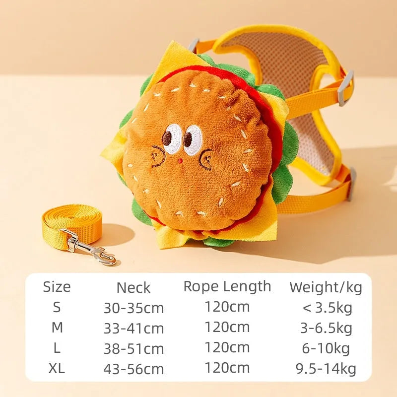Cartoon hamburger chips design adjustable dog leash and escape proof vest with backpack harness.
