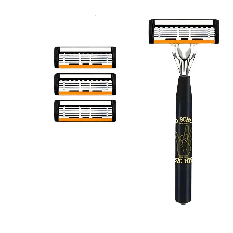 Black manual shaver cutter head with six-layer finger grip handle and multiple blade configurations.