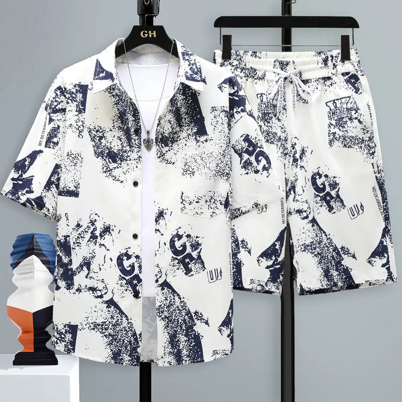 Men's casual sports two-piece set with short-sleeve top and matching shorts