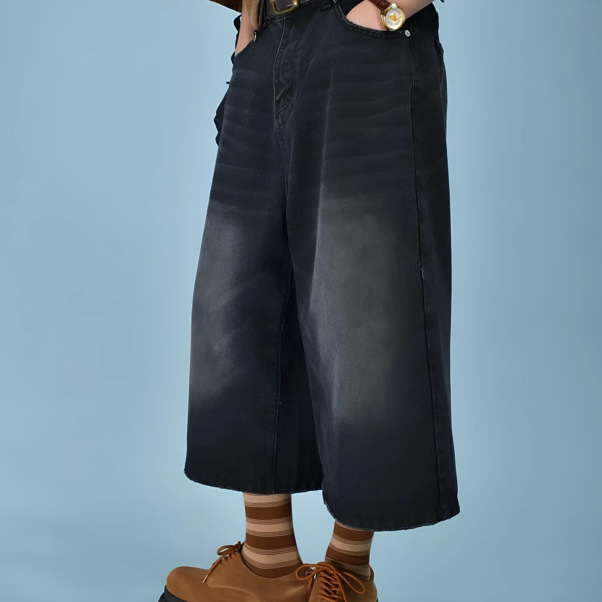 Men's loose straight-leg denim shorts in blue with micro-elastic true-ran fabric for summer wear