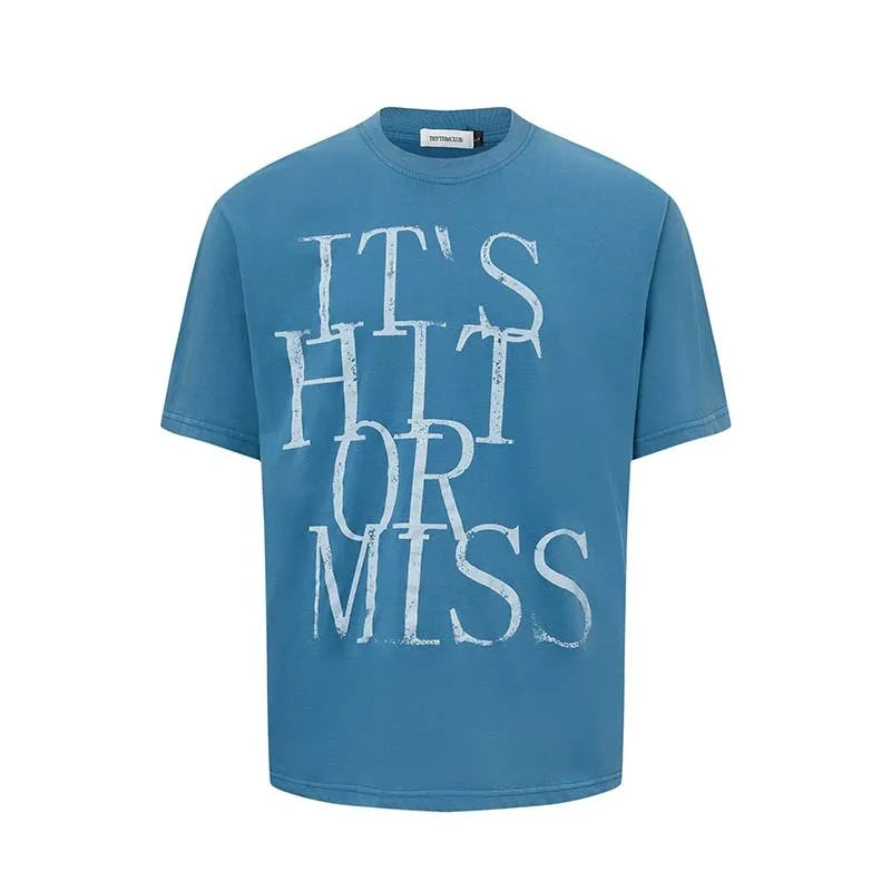 Men's white cotton blend t-shirt with black letter printing showing American retro style loose fit design