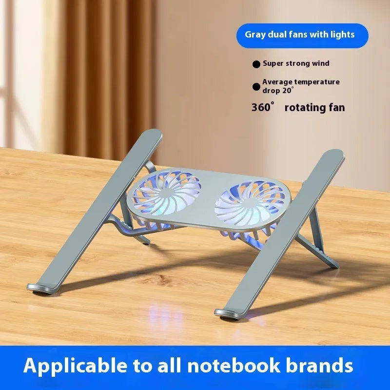 Silver aluminium laptop cooling stand with twin fans and height adjustment, shown folded.