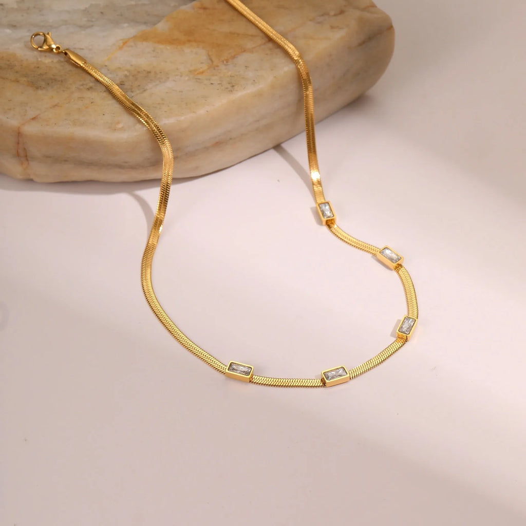 Geometric square zircon stainless steel necklace with flat snake chain and 18K electroplated finish