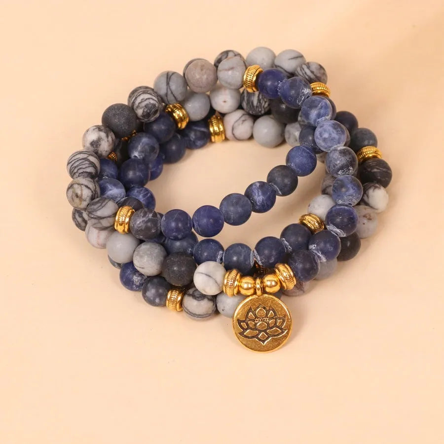Blue patterned network stone bead multi-layer bracelet with natural alloy construction