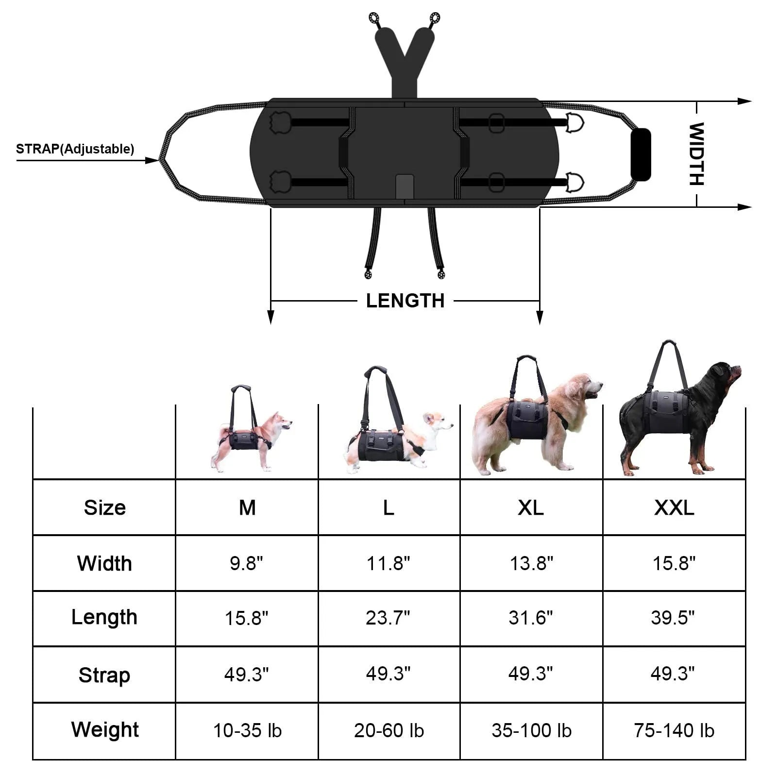 Black Oxford cloth dog harness with adjustable breast strap and leg support design