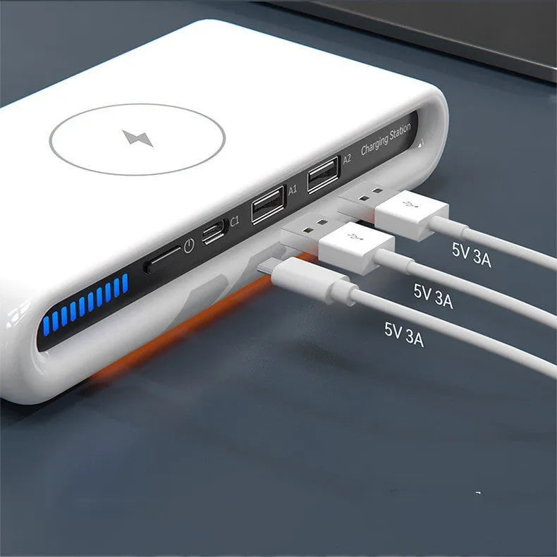 White 15W desktop wireless charger with eight colour ambient lighting modes showing phone charging