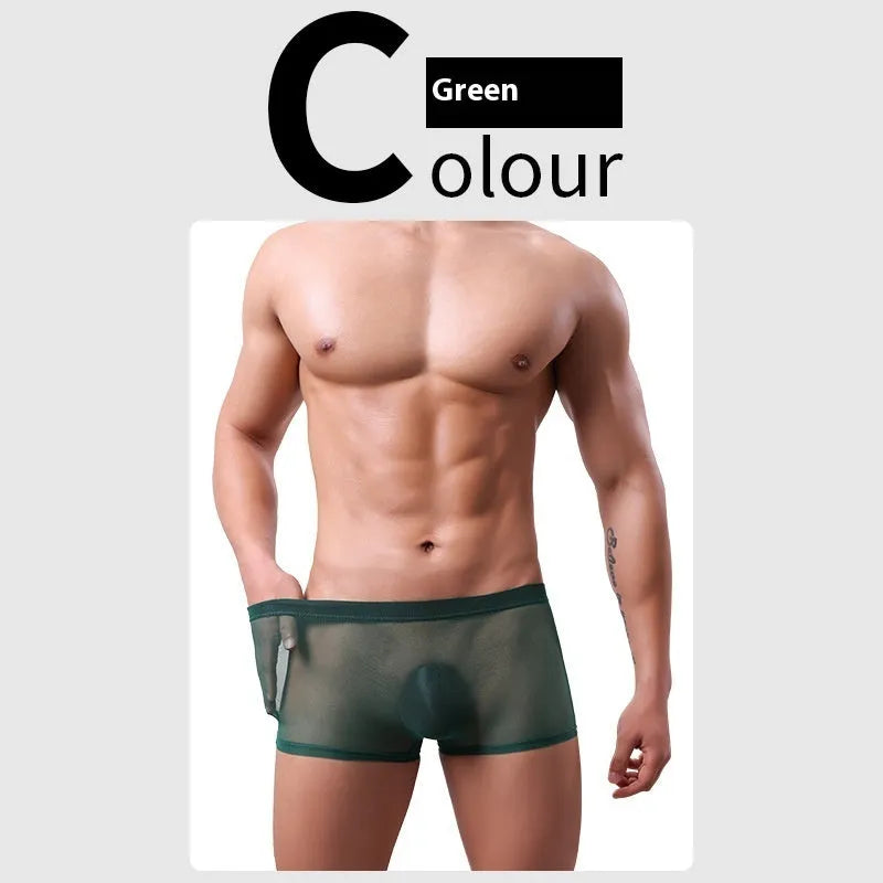 Men's low-waist mesh boxer briefs in various colours on a white background