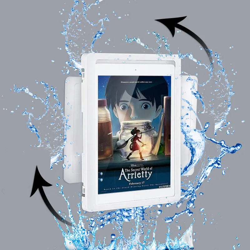 Waterproof shower phone holder with touch screen on bathroom tile, showing phone inside with anti-fog window