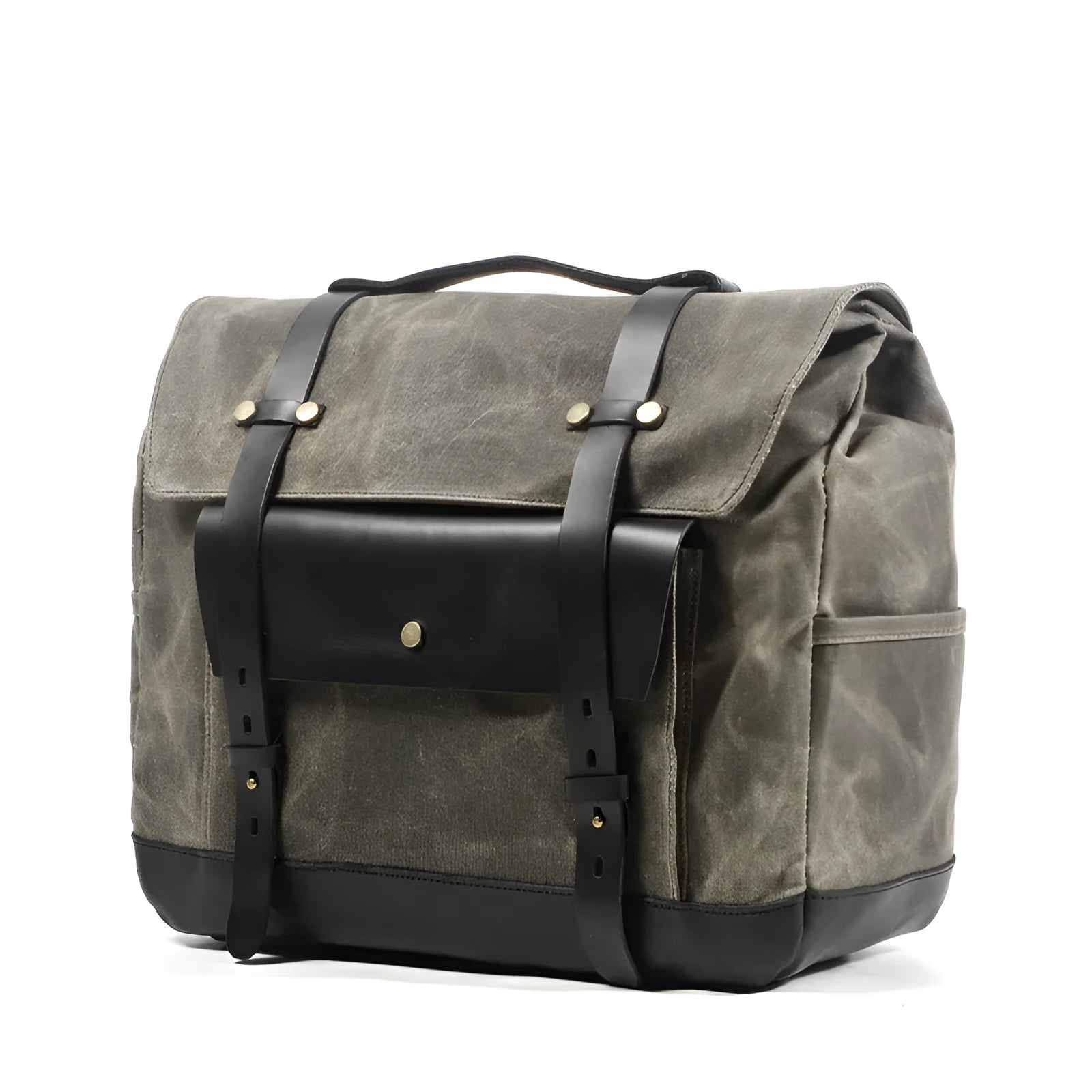 Cotton retro-style messenger bag showing internal organiser pockets and rivet detailing.