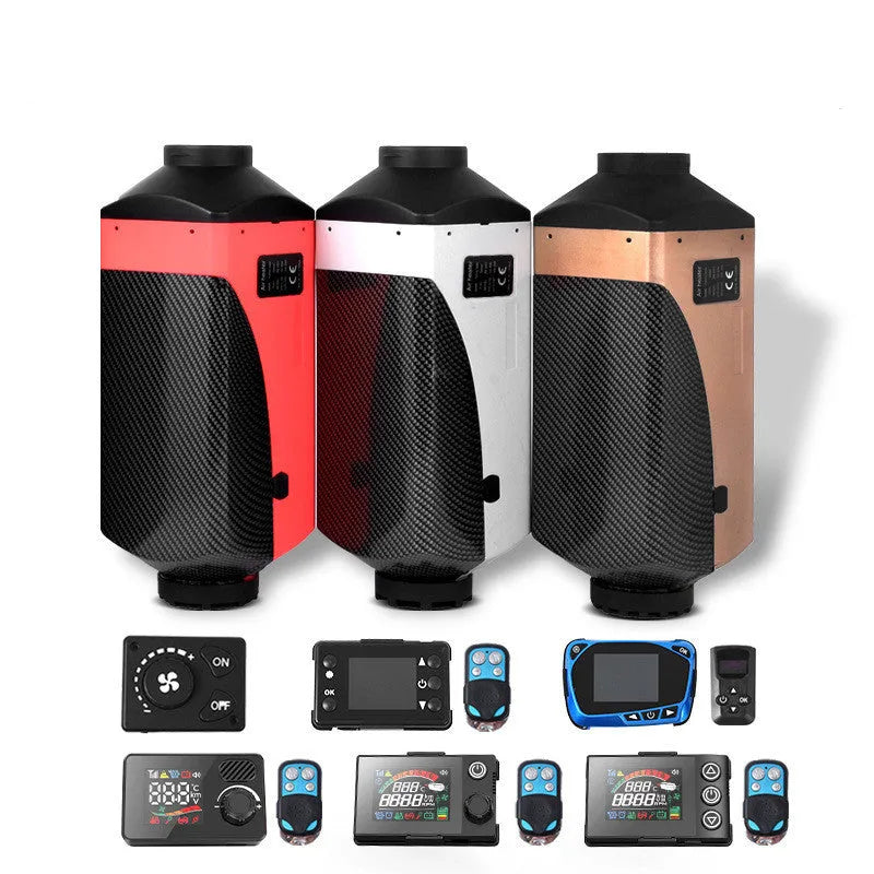 Red and black diesel air heater kit with fuel tank and components for vehicle cabin heating.