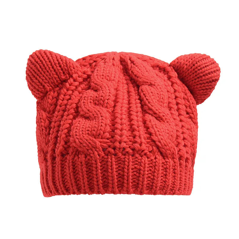 Hand made 3D cat ear knitted winter beanie in wool material showing multiple colour options