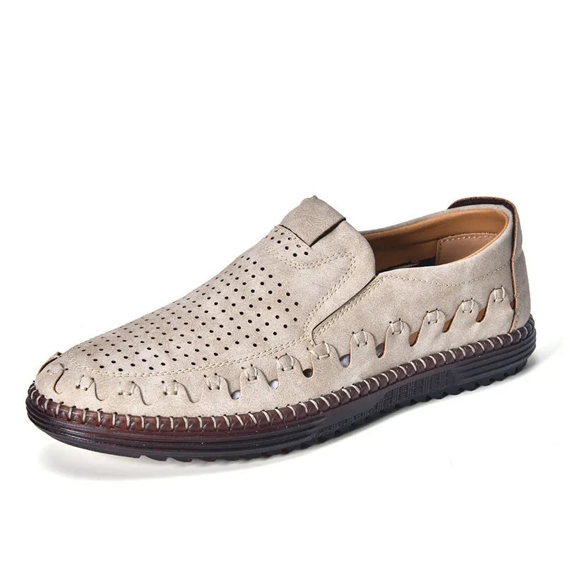 Men's brown slip-on leather casual shoes with round toe and flat PVC sole
