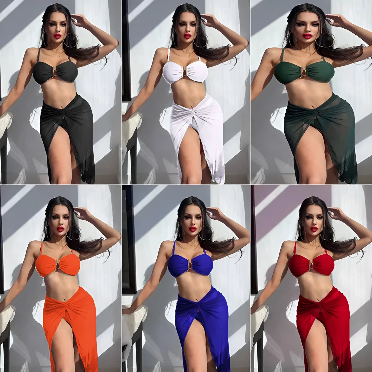 Women's French style three-piece bikini set with long culottes skirt in solid colour