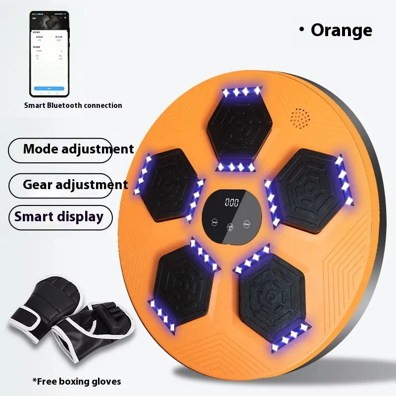 Smart wall-mounted boxing reaction target with LED lights on a grey PU surface.
